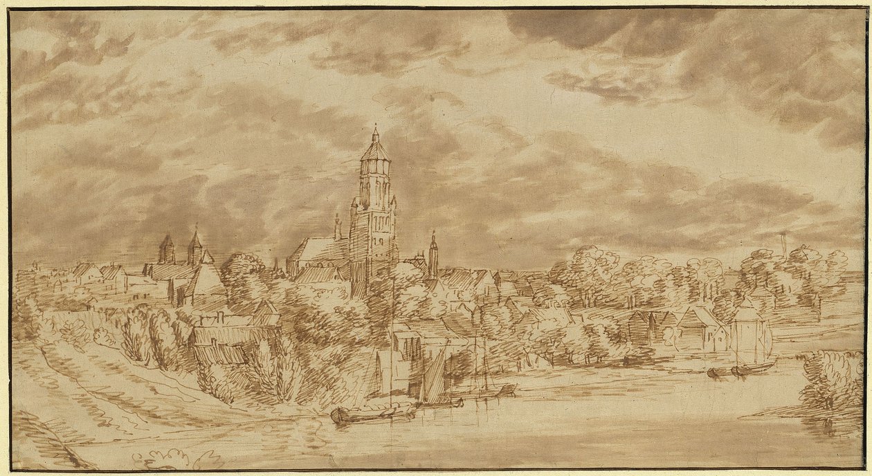 Gezicht op een stad aan de overzijde van een rivier door Jan Lievens