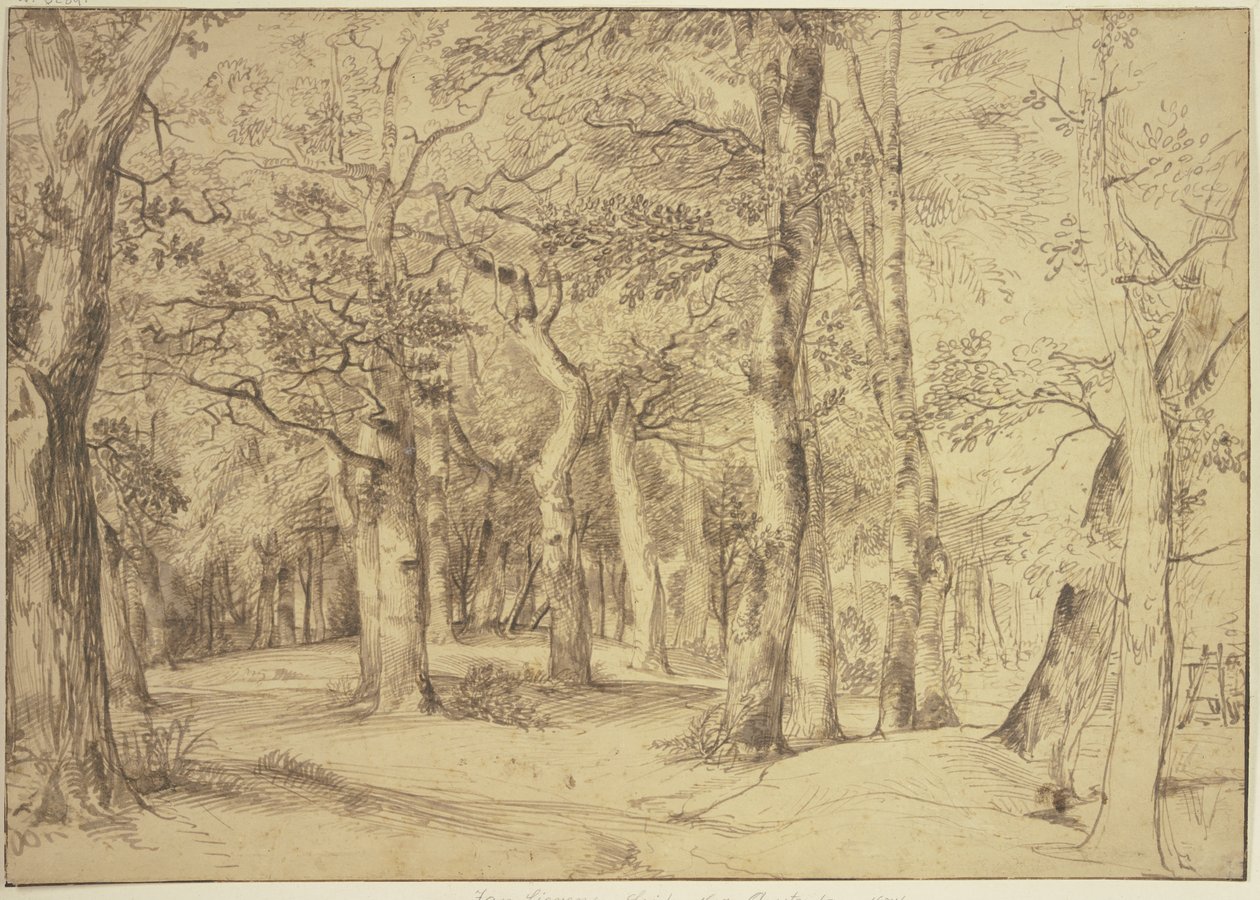 Het binnenste van een bos, rechts zit een schilder aan de ezel door Jan Lievens
