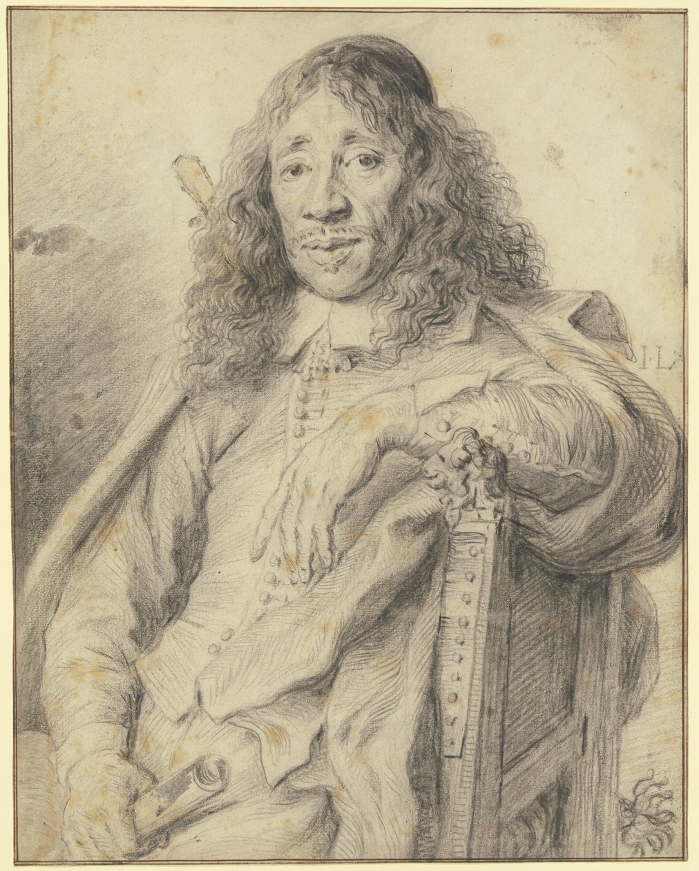 De dichter Jan Vos, zittend in een fauteuil, met zijn blik naar links gericht door Jan Lievens
