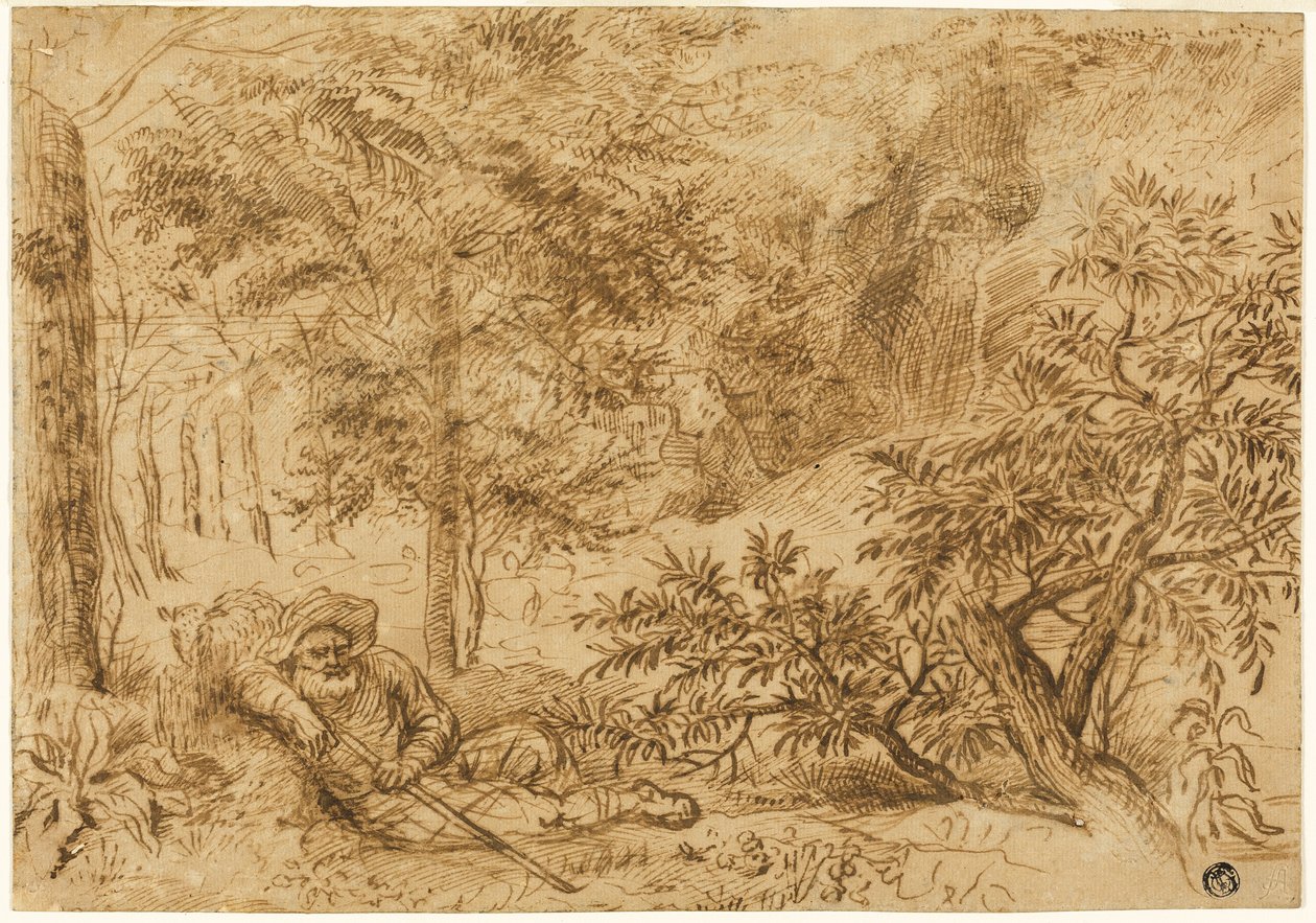 Landschap met herder slapend onder boom door Jan Lievens