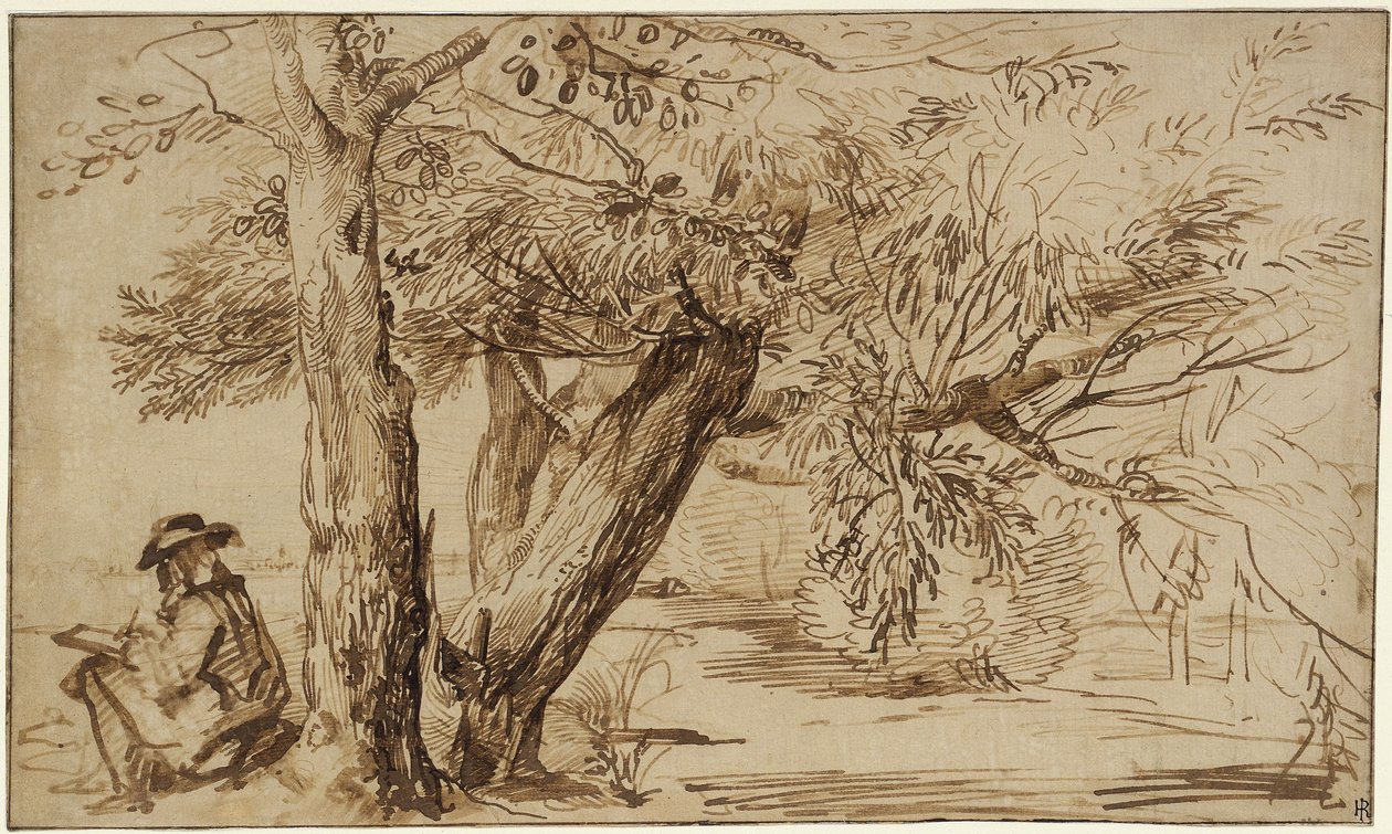 Landschap met een tekenaar aan de rand van het bos door Jan Lievens