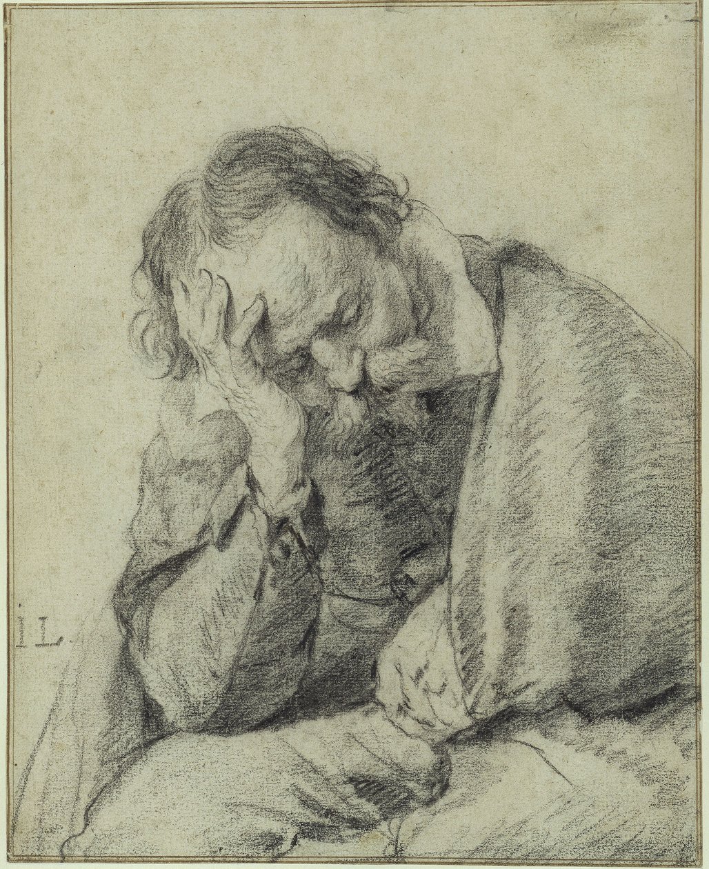 Studie van een man die zijn hoofd op zijn rechterhand steunt door Jan Lievens