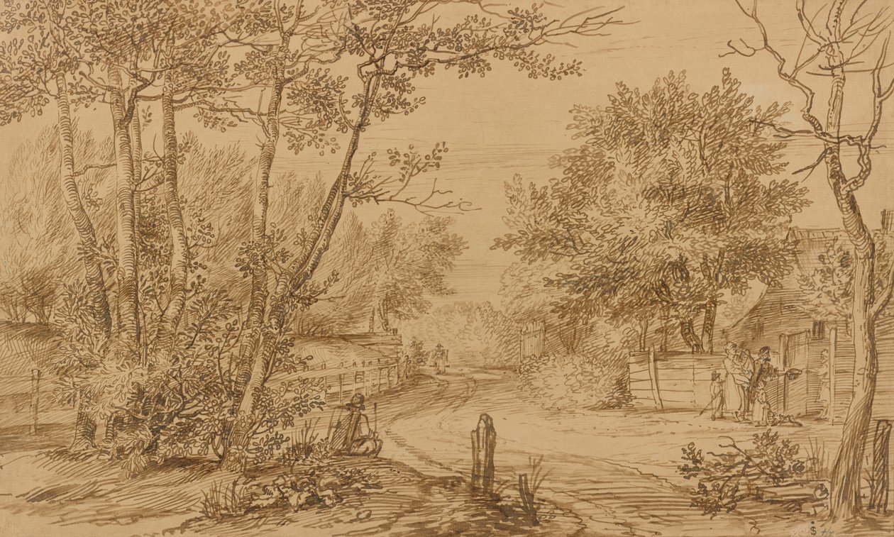 Gezicht op een pad in het Haagse Bos, met bedelaars bij de deur van een huisje door Jan Lievens