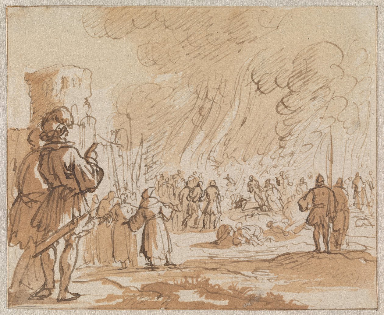 180 Katharen of Albigenzers worden verbrand buiten Minerve in 1210 door Jan Luyken