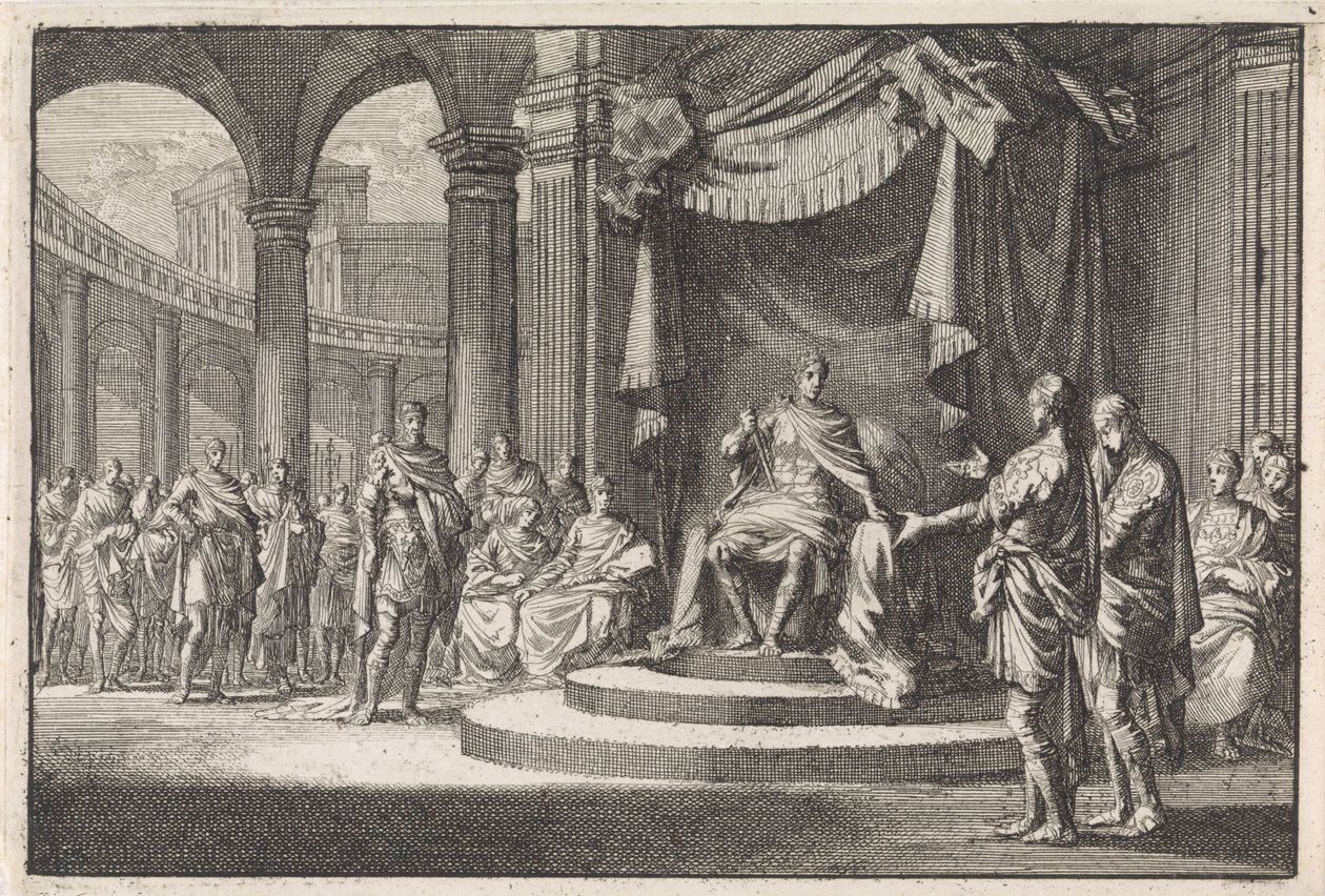 Alexander en Aristobulus verantwoorden zich voor keizer Augustus door Jan Luyken