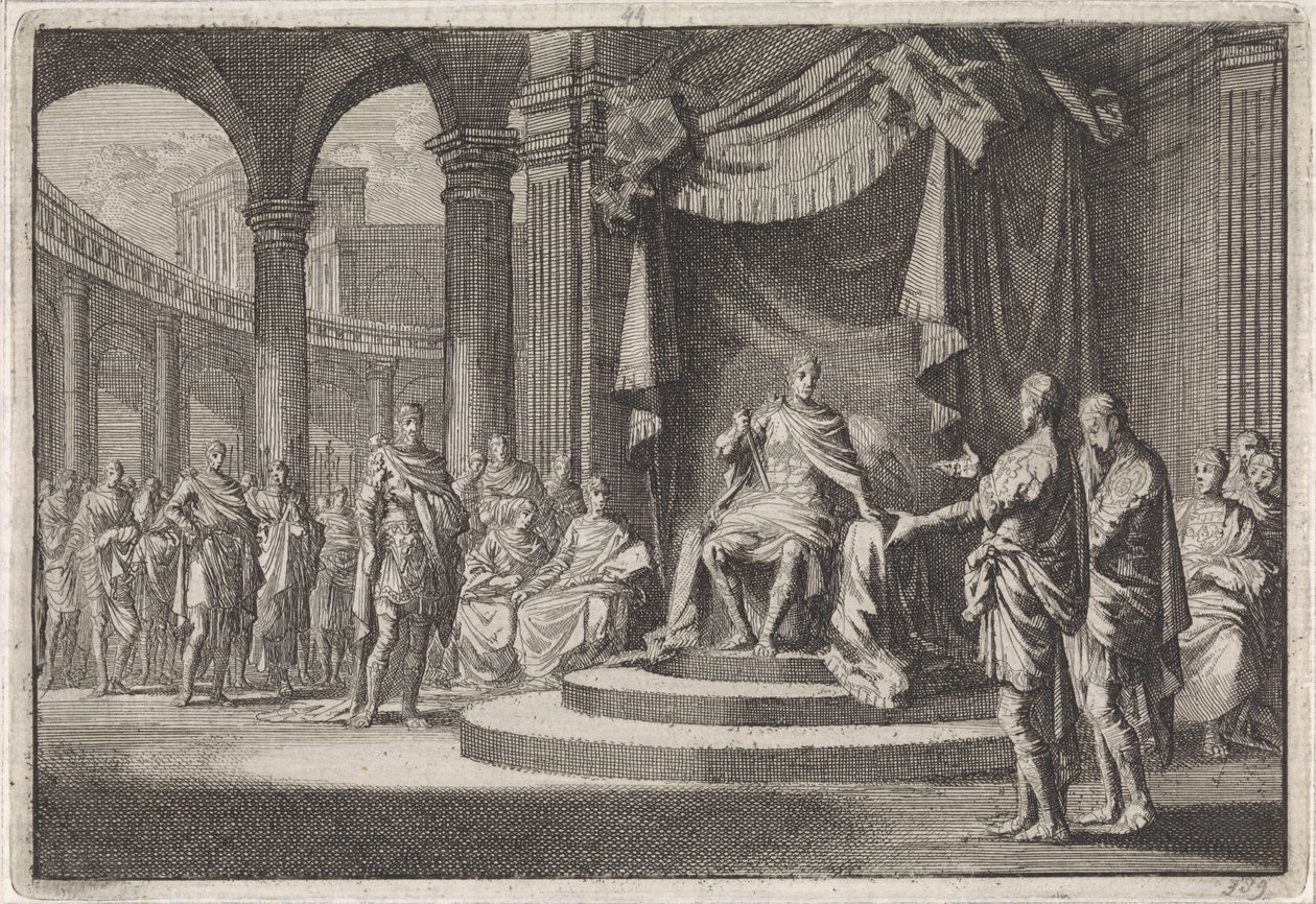 Alexander en Aristobulus verantwoorden zich voor keizer Augustus door Jan Luyken