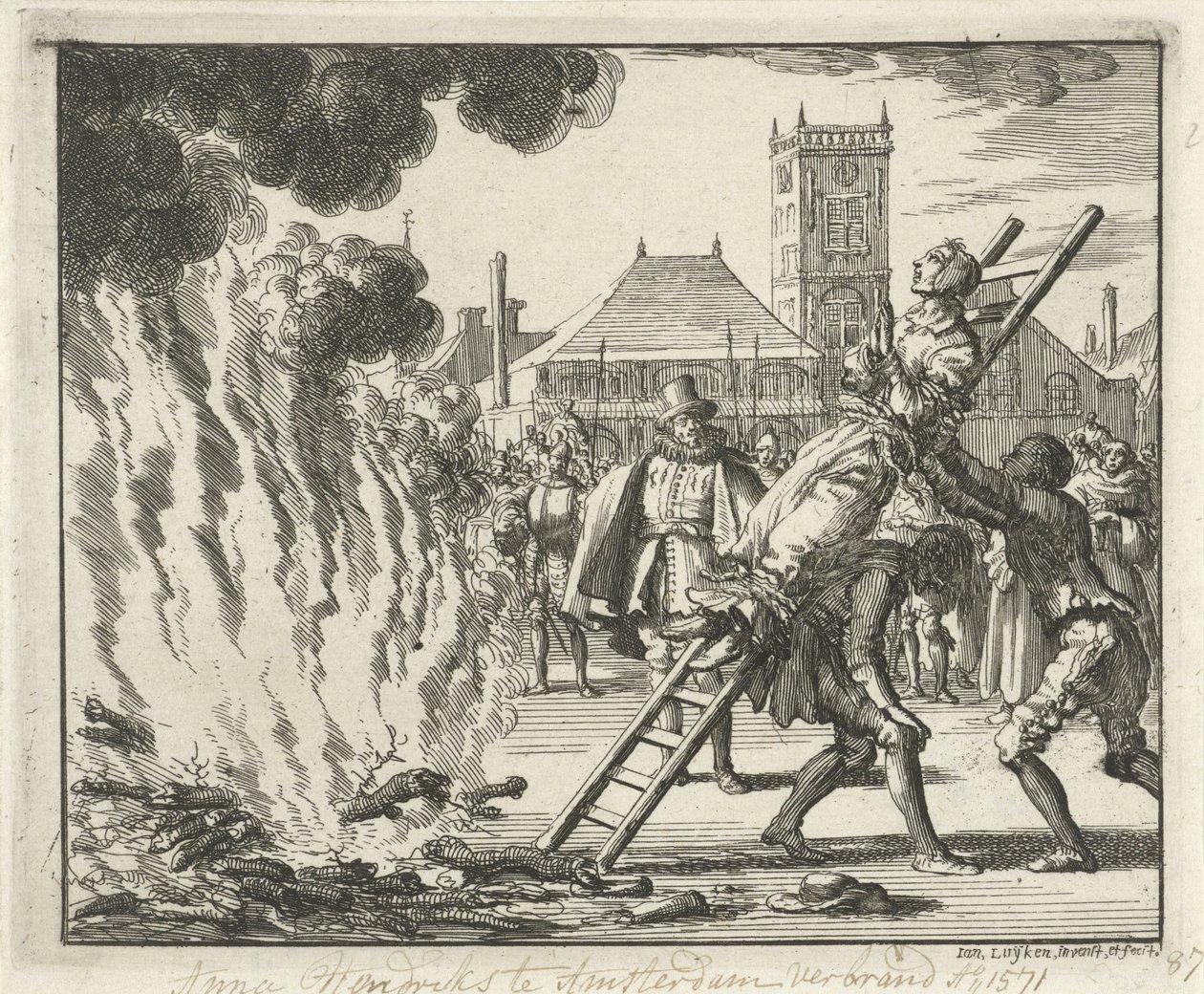 Anneken Hendriks, gebonden op een ladder, verbrand in Amsterdam, 1571, 1685 door Jan Luyken