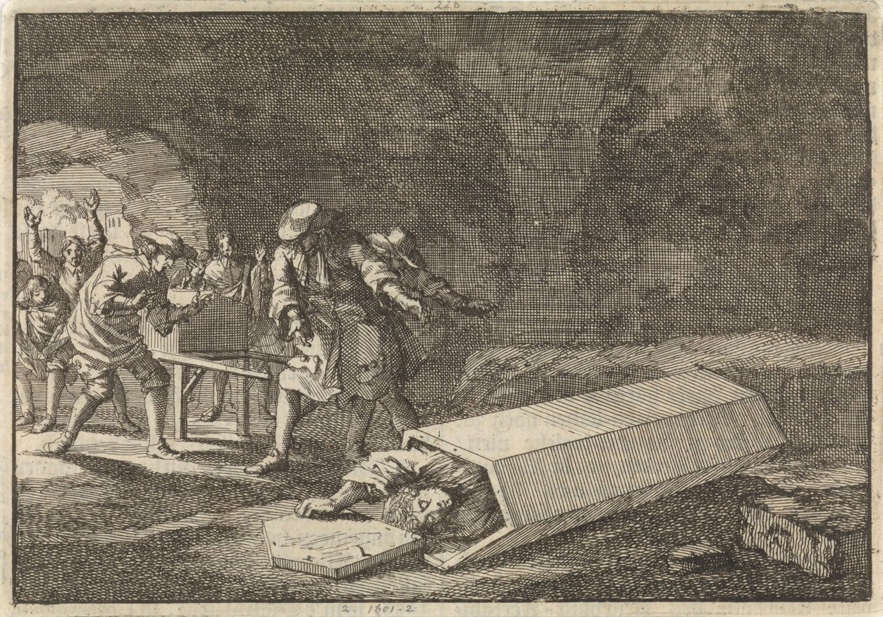 Begrafenisdienaars te Rome zien dat Antonio Marlini die zij enige dagen tevoren in een gewelf hadden bijgezet toen schijndood geweest moet zijn, 1696 door Jan Luyken