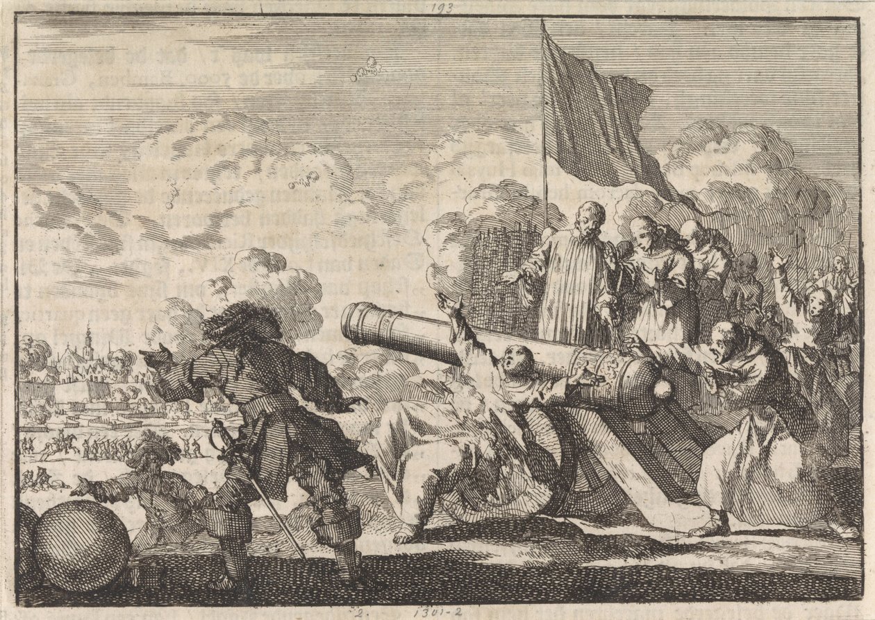 Beleg van Groningen waarbij een kanon door een zestal monniken wordt gezegend, 1672 door Jan Luyken