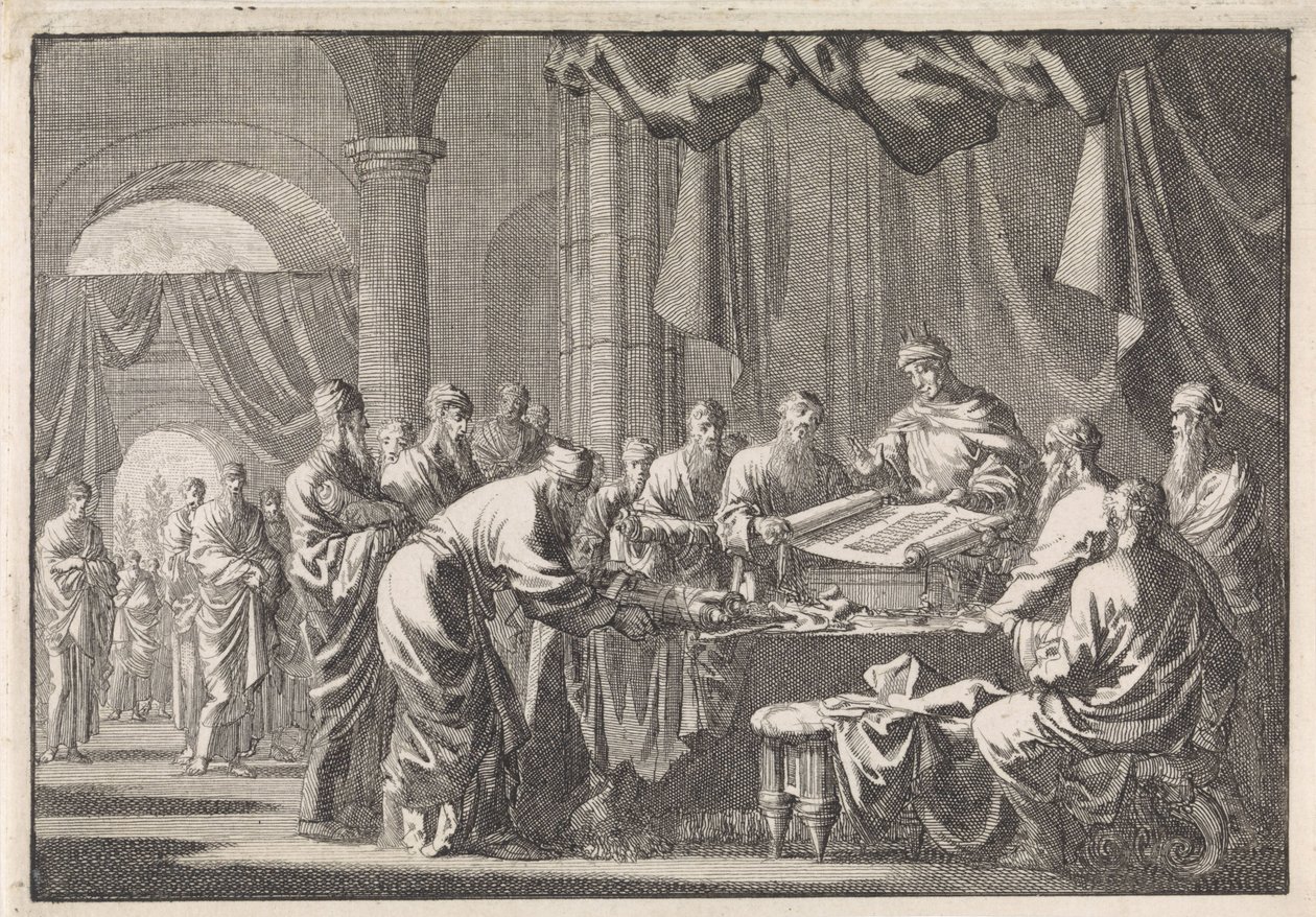 Bijeenkomst van de 72 vertalers van de wet op bevel van koning Ptolemeüs Philadelphus door Jan Luyken