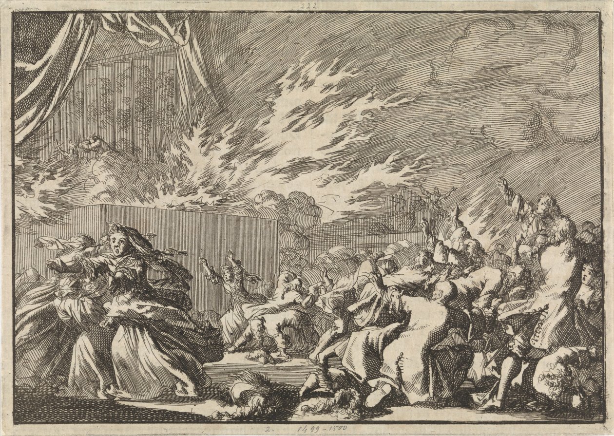 Brand van een houten loods waarin een toneelvoorstelling plaatsvindt naast het slot Amelienborg te Kopenhagen, 1689 door Jan Luyken