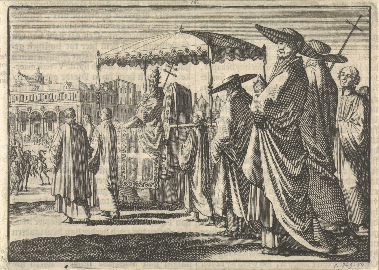 Christiaan IV, koning van Denemarken, als paus verkleed, bootst met zijn hovelingen een processie na, 1596 door Jan Luyken