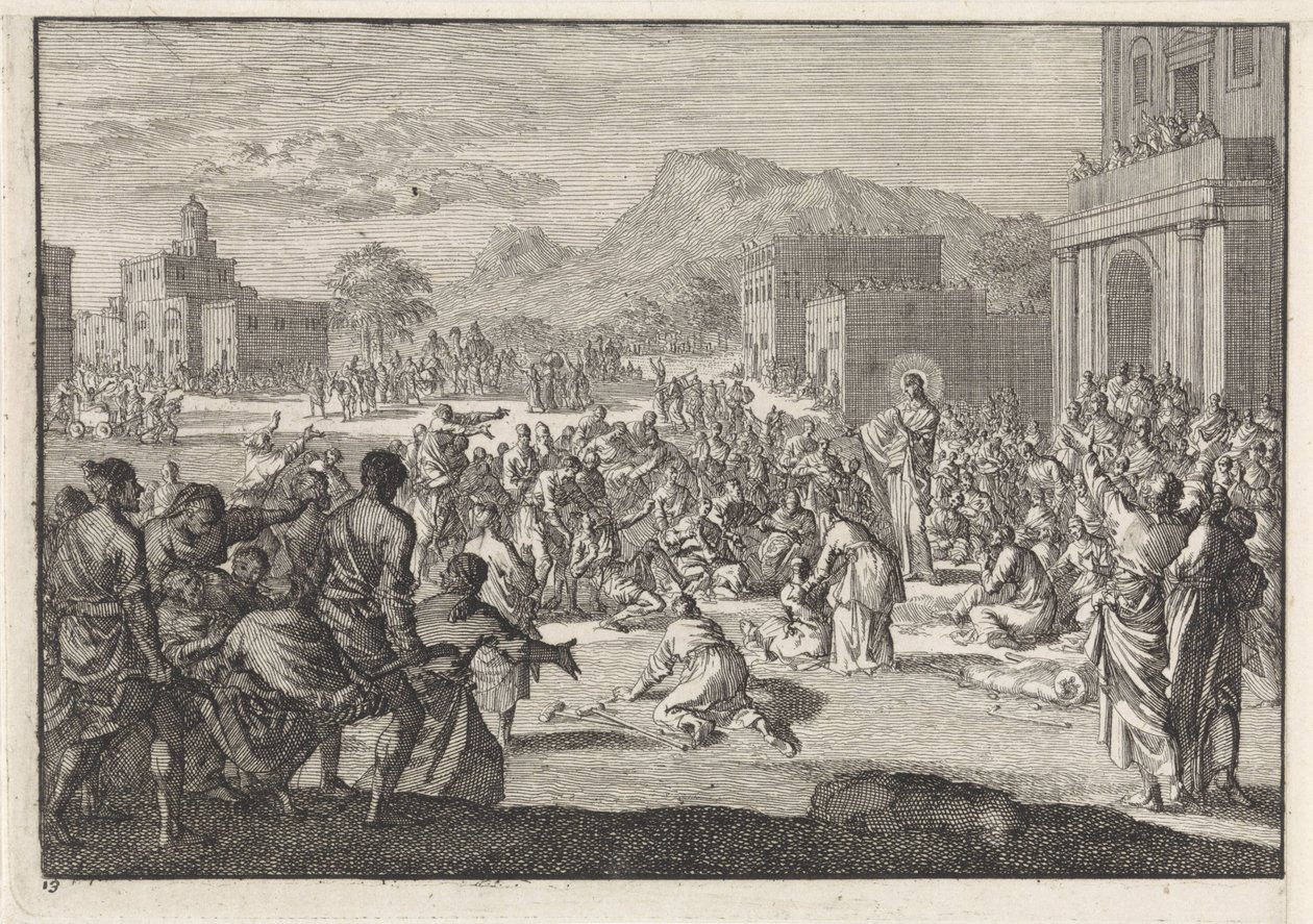 Christus spreekt tot een menigte op een plein door Jan Luyken