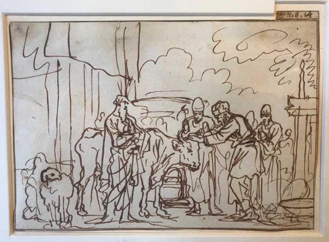 De stier wordt gepresenteerd voor de zondeoffering, Aäron en zijn zonen leggen hun handen op zijn kop (Lev. 8,14) door Jan Luyken