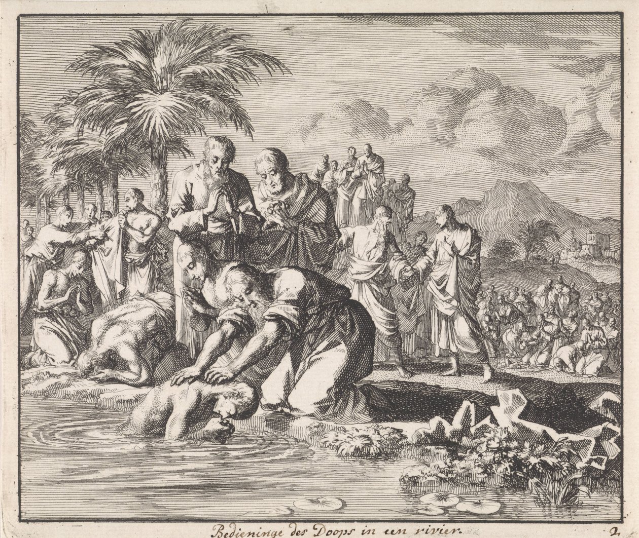 Doop van nieuwe gelovigen in een rivier door Jan Luyken