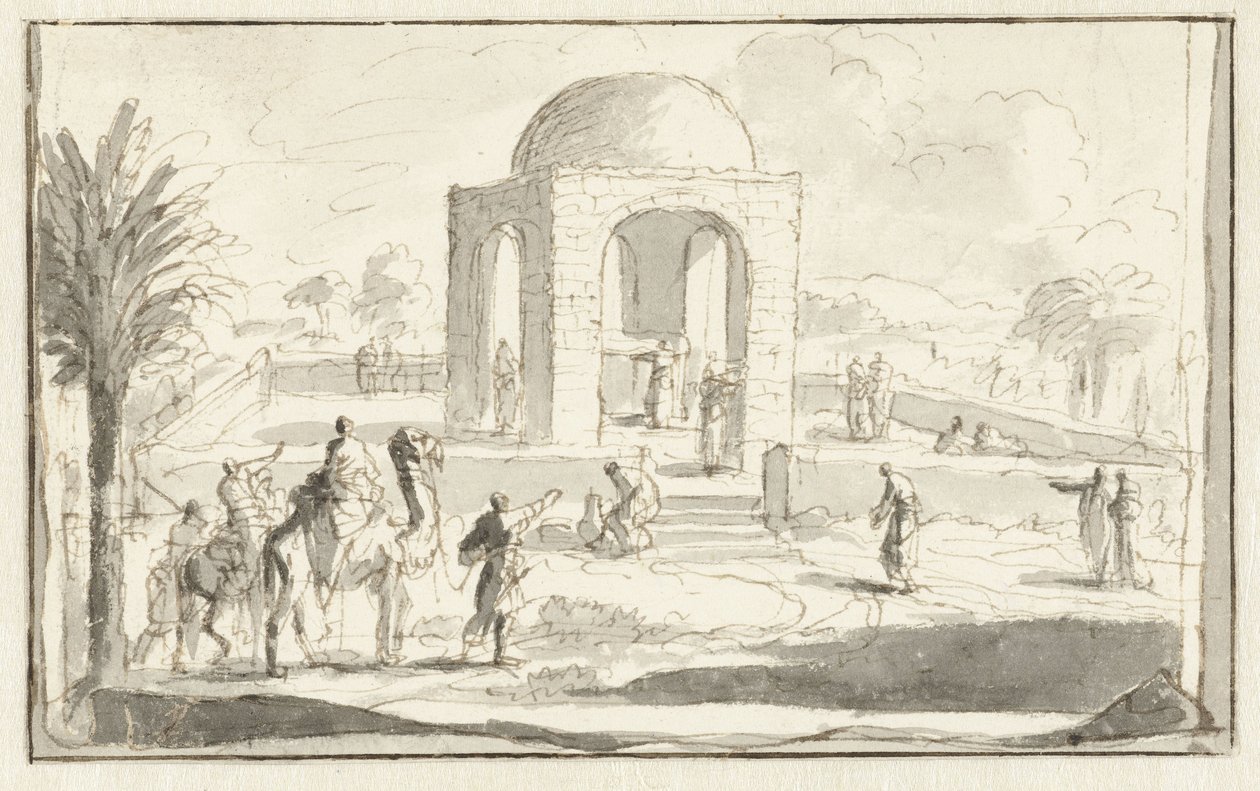 Gezicht op een moskee of tempel in de woestijn door Jan Luyken