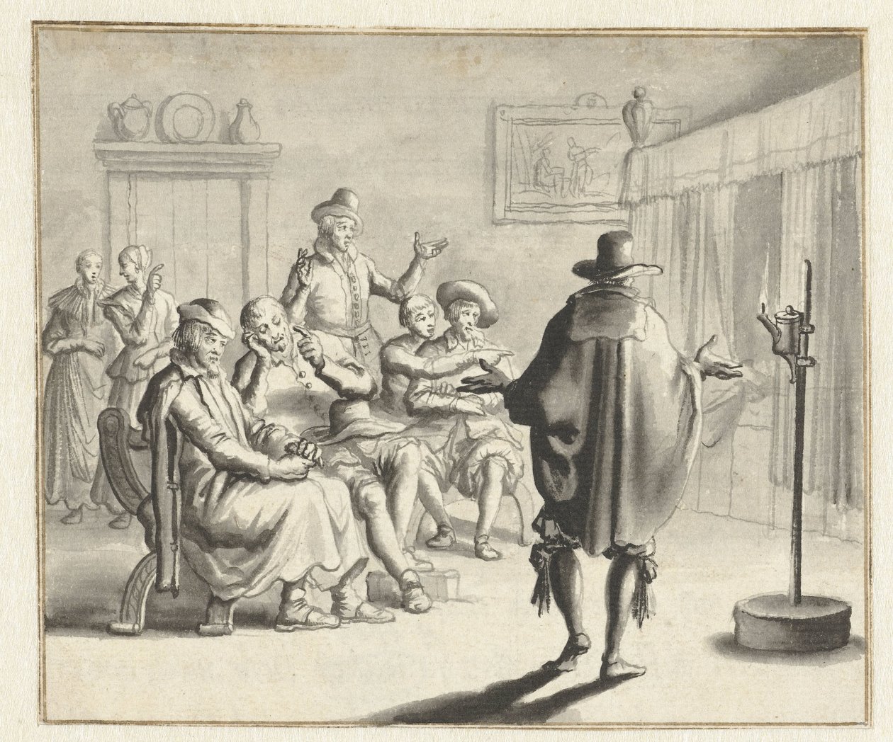 Groep personen voor een bedstee waarin het spookt door Jan Luyken