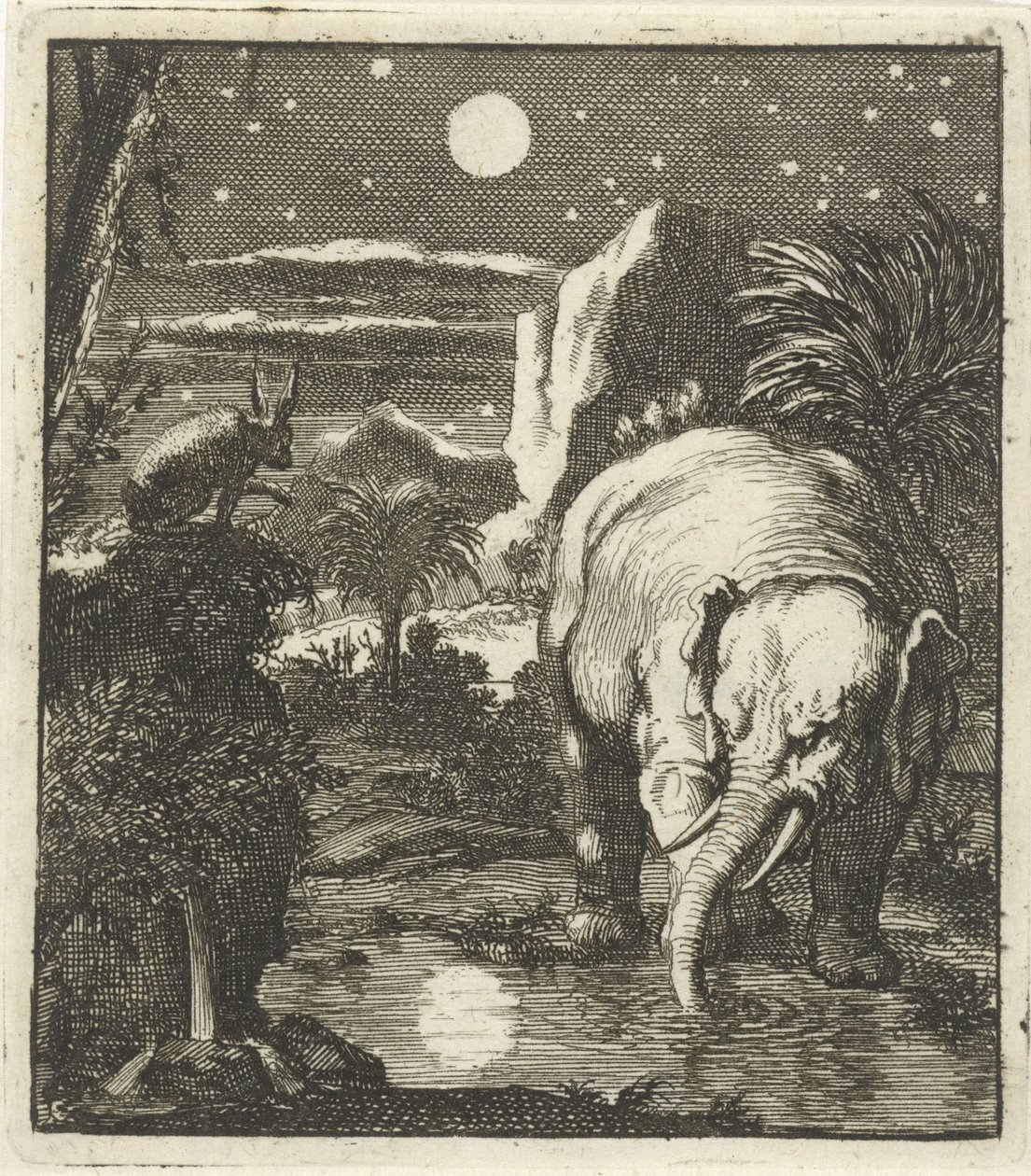 Haas en olifant met volle maan bij een waterbron door Jan Luyken