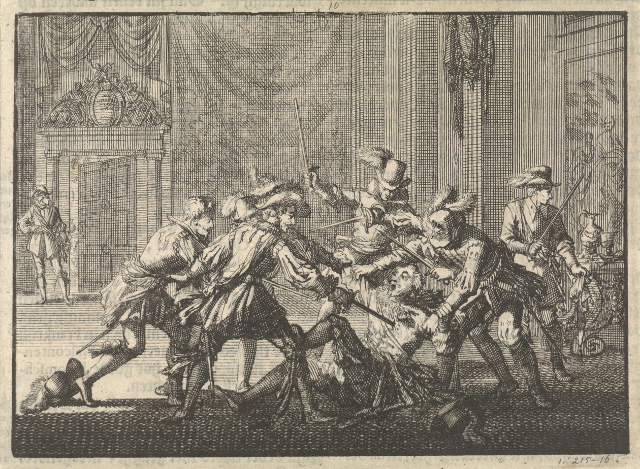 Hertog van Guise in het kasteel te Blois vermoord, 1588 door Jan Luyken