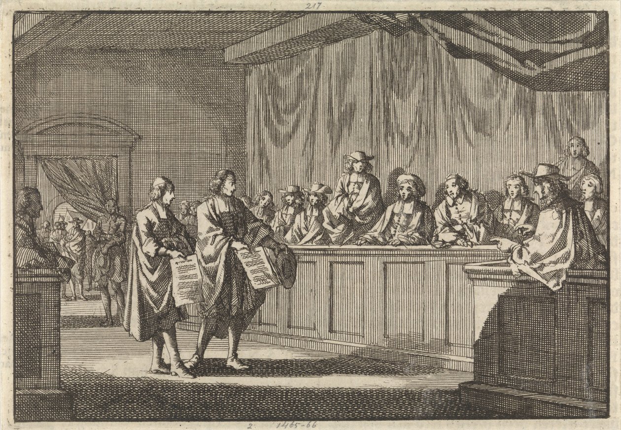 Hervormde predikanten Gilly en Courdil lezen op de synode te Sorges een verklaring voor dat zij overgaan tot de katholieke kerk, 3 juni 1683 door Jan Luyken