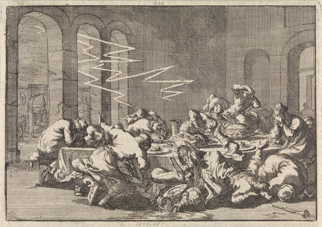 In het Poolse dorp Perzyn vinden 23 mensen de dood door een blikseminslag tijdens een doopmaal, 1676 door Jan Luyken
