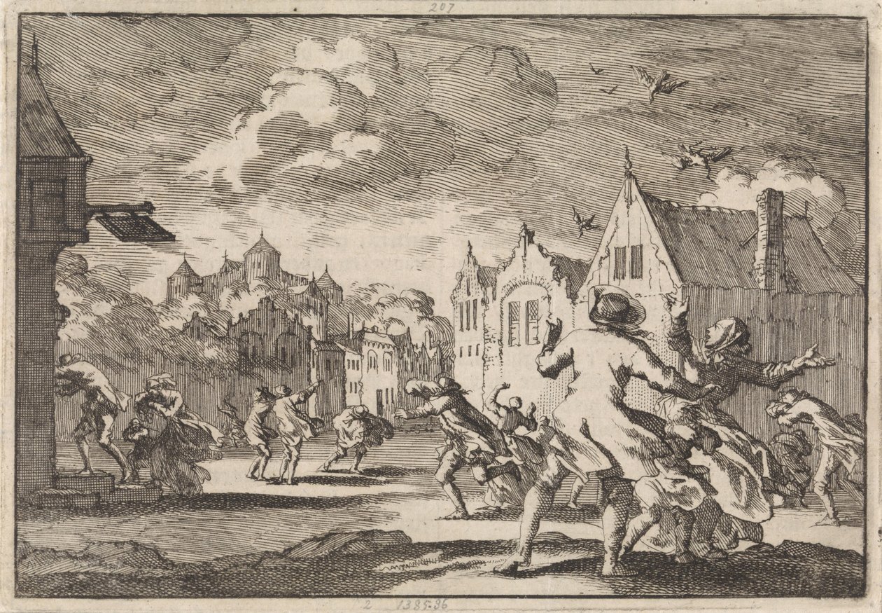 Inwoners van een dorp bij het slot Luchow in Lüneburg worden overvallen door een wervelwind waarbij de vogels dood uit de lucht vallen, 1671 door Jan Luyken
