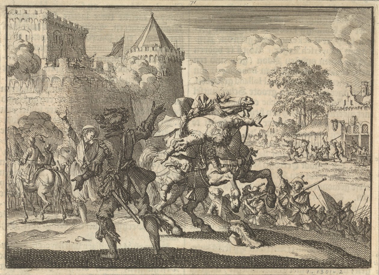 Keizerlijk bevelhebber Dampier valt van zijn paard na een schot vanaf de muren van Presburg (Bratislava), 1620 door Jan Luyken