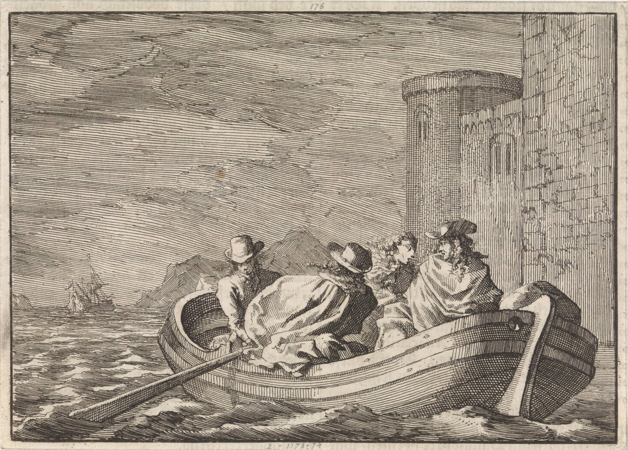 Koning Jacobus II ontvlucht bij nacht in een roeiboot, 1688 door Jan Luyken