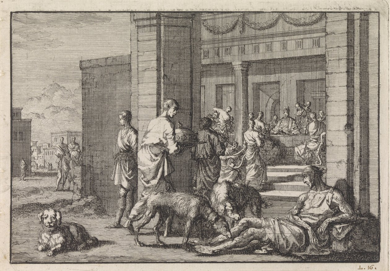 Lazarus bedelt aan de feestdis van de rijke man door Jan Luyken