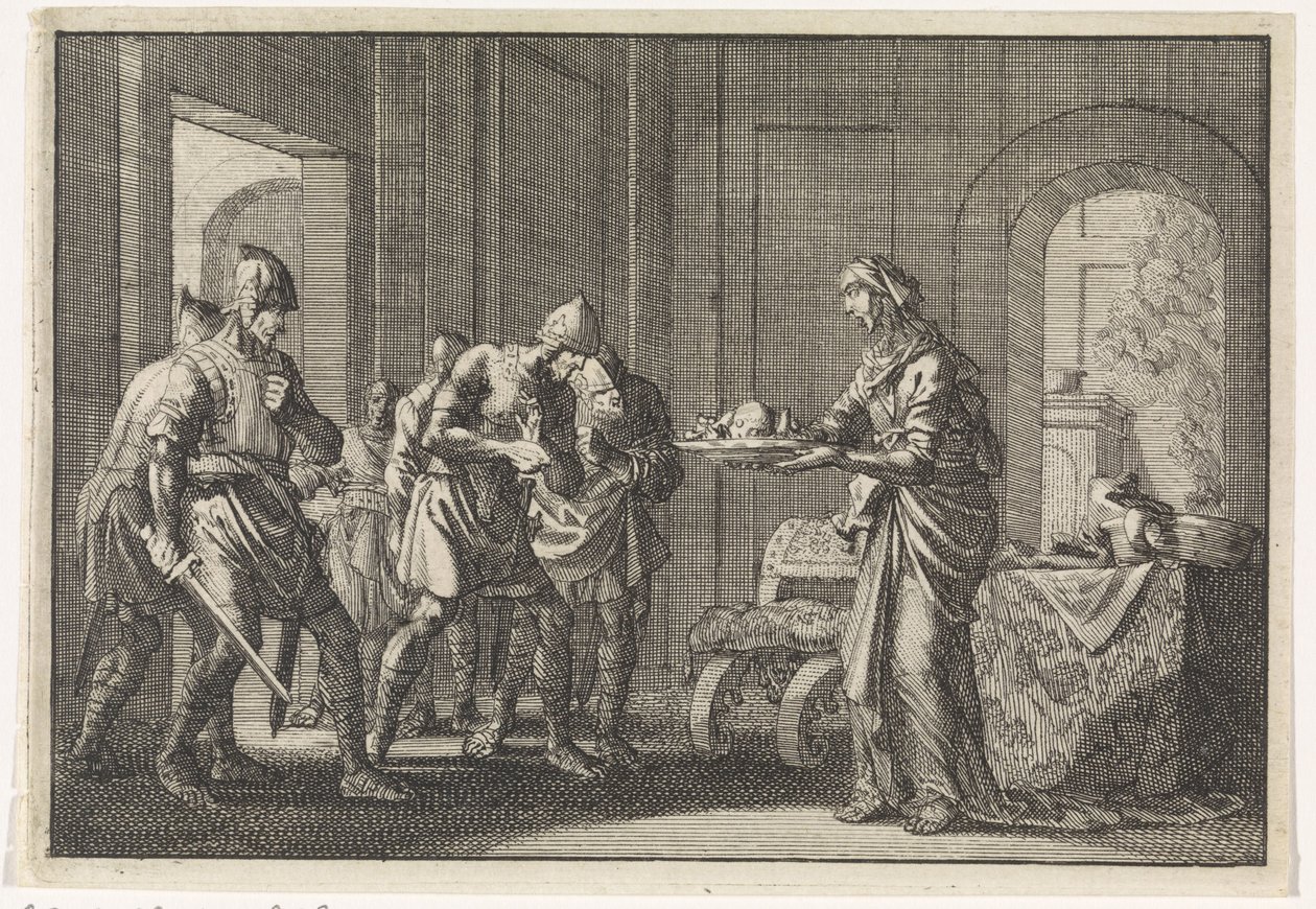 Moeder toont krijgers de resten van haar opgegeten kind tijdens de hongersnood in Jeruzalem, 1704 door Jan Luyken