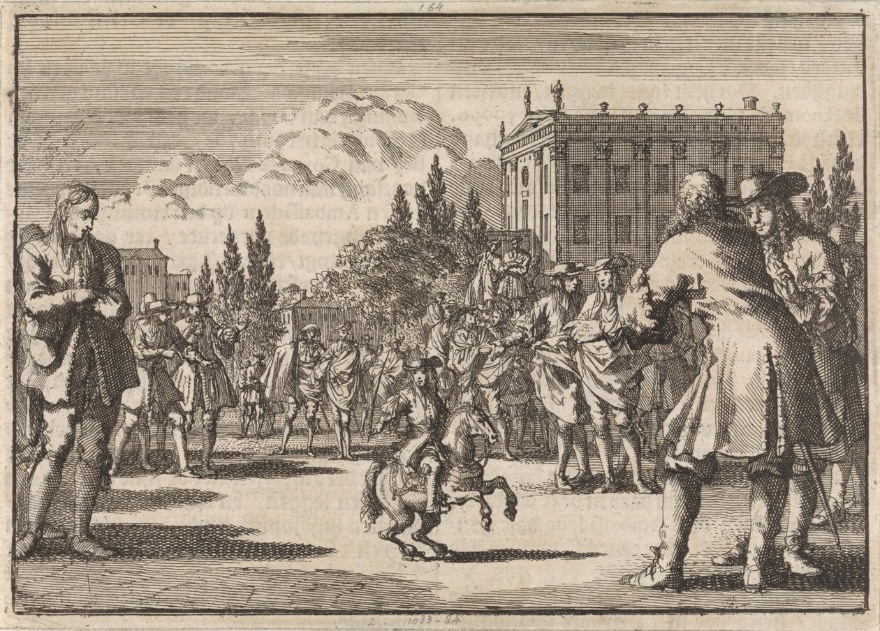 Op een plein te Madrid heeft zich een menigte verzameld rondom Louisillo, de dwerg van de koning van Spanje, 1675 door Jan Luyken