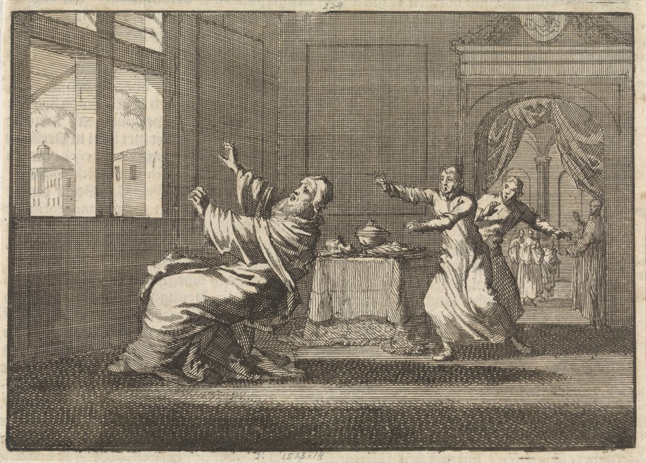 Paus Innocentius XII valt kort na zijn verkiezing voor het venster van het Quirinaal achterover, 1691 door Jan Luyken