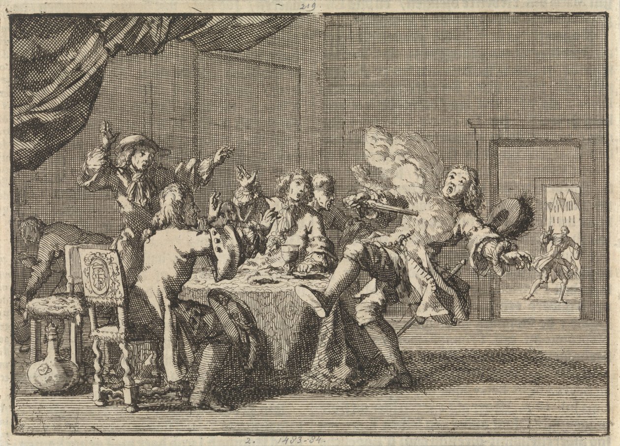 Thomas Tullock, aanhanger van koning Jacobus II in Schotland, wordt gedood door het onverwacht afgaan van zijn pistool, 1690 door Jan Luyken