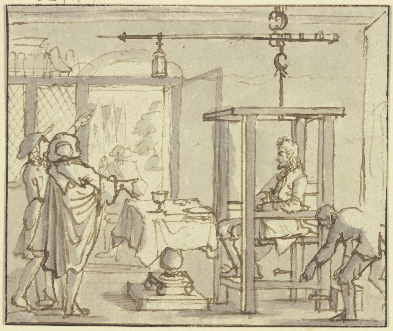 Twee artsen laten een man na het eten op een weegschaal wegen door Jan Luyken