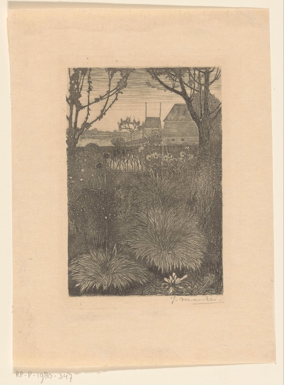 Gezicht op tuin met struiken en zonnebloemen door Jan Mankes (signed by artist)