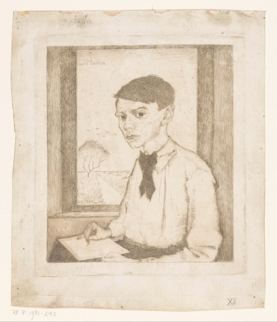 Zelfportret tekenend bij een raam door Jan Mankes