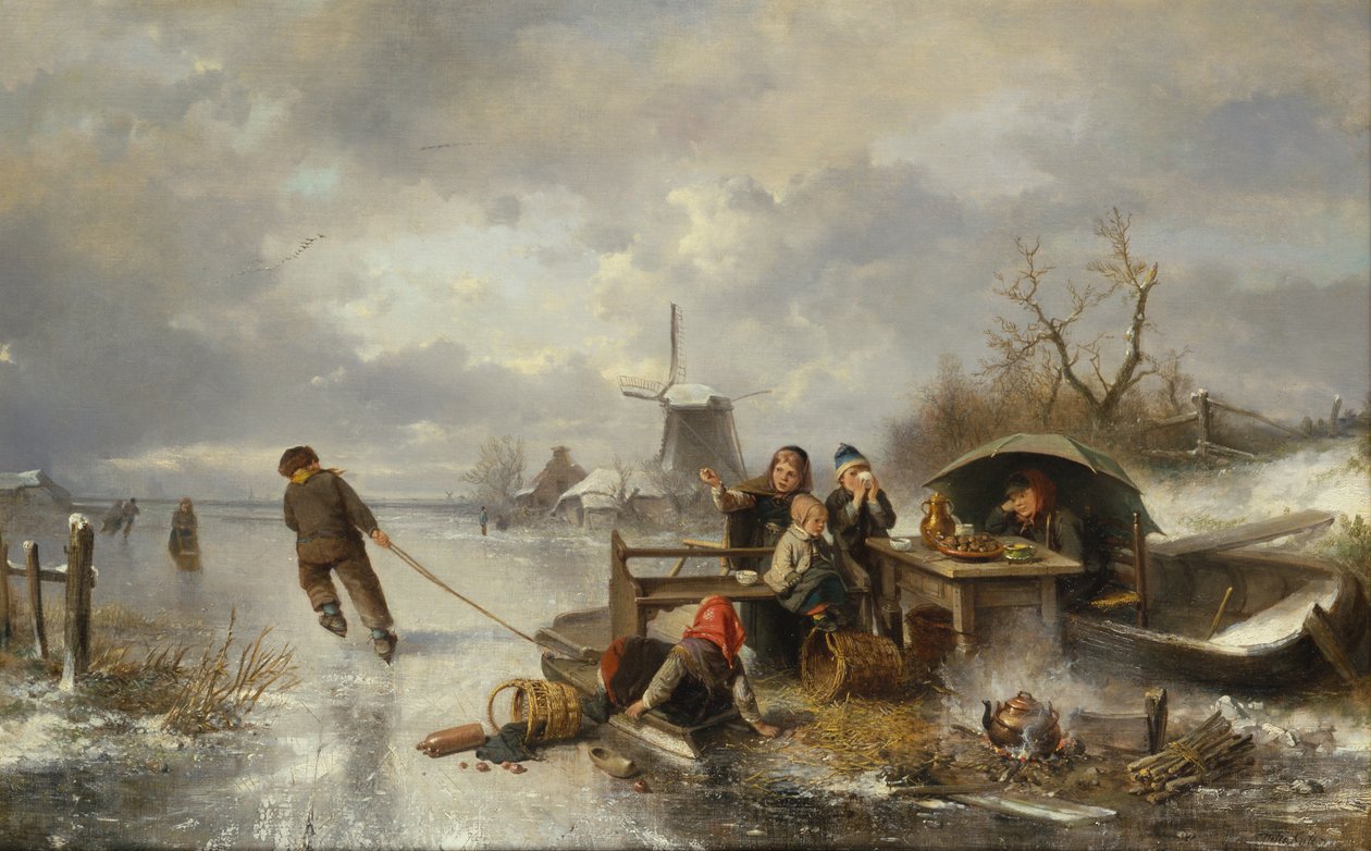 Kinderen spelen op een bevroren meer in een winterlandschap door Jan Mari Henri Ten Kate