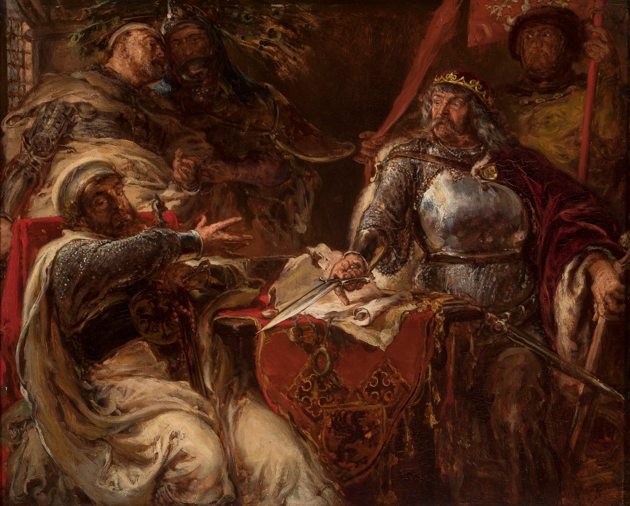 Koning Władysław Łokietek breekt de onderhandelingen met de Duitse Orde af door Jan Matejko
