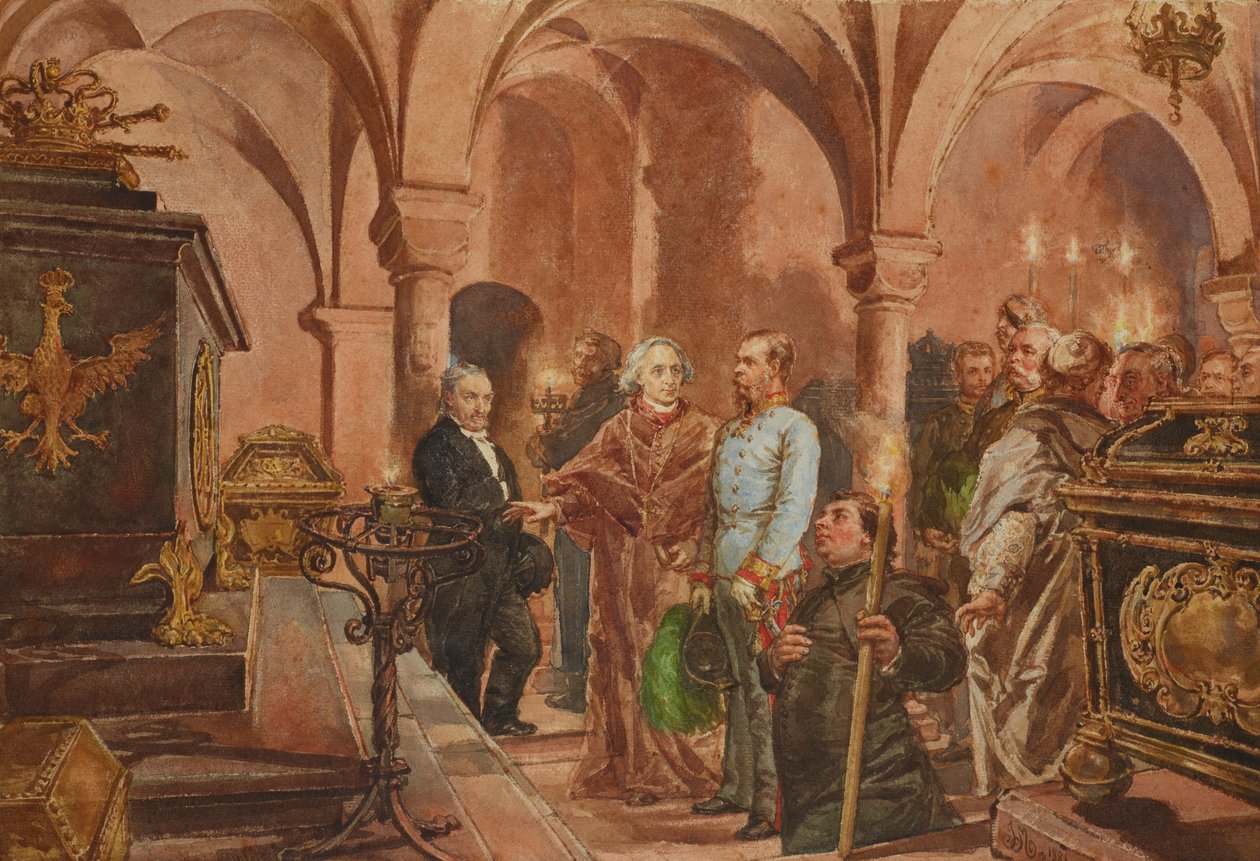 Pools: keizer voor de sarcofaag van koning Jan III Sobieski in de crypte van St. Leonard in de Wawel kathedraal door Jan Matejko