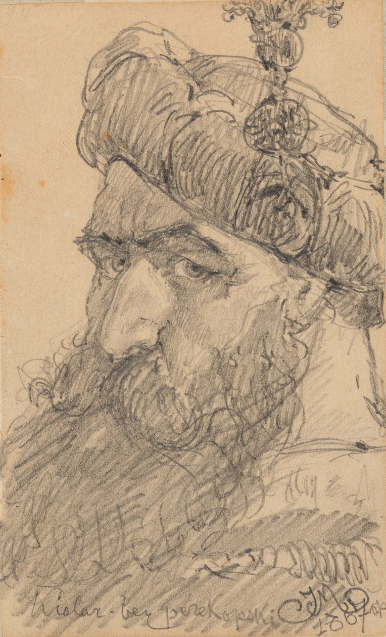 Recto: Hoofd van een bebaarde man met een hoed, biddend door Jan Matejko