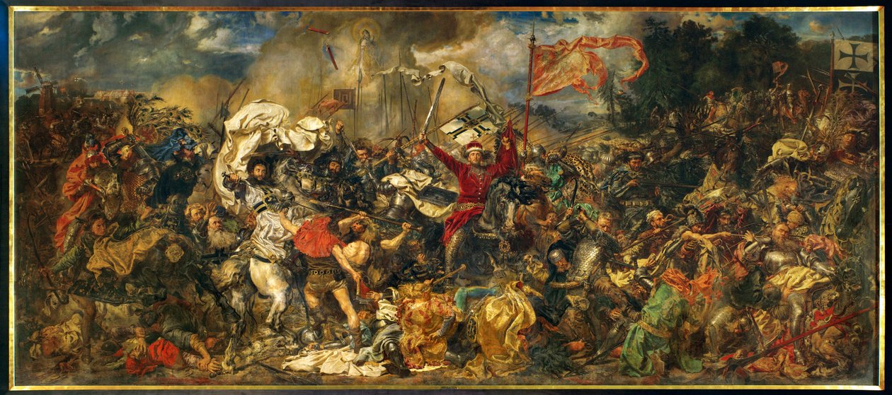 De slag bij Grunwald, waarbij een Pools-Litouws leger onder leiding van de Poolse koning Wladyslav II Jagiello ... (schilderij op doek) door Jan Matejko