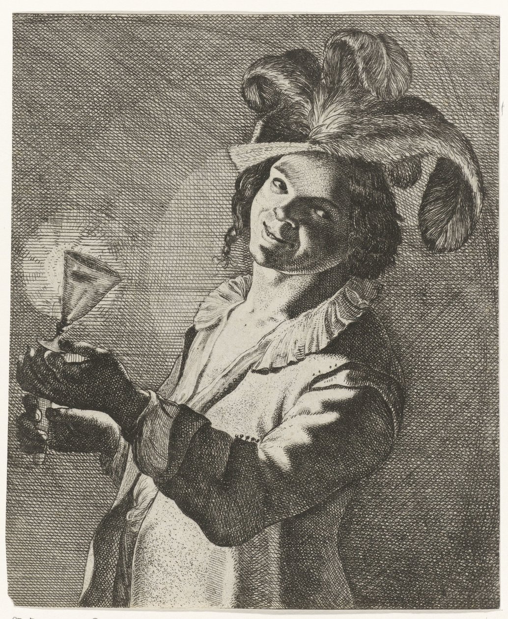 Lachende jongen met een glas in de hand door Jan Matham (possibly)