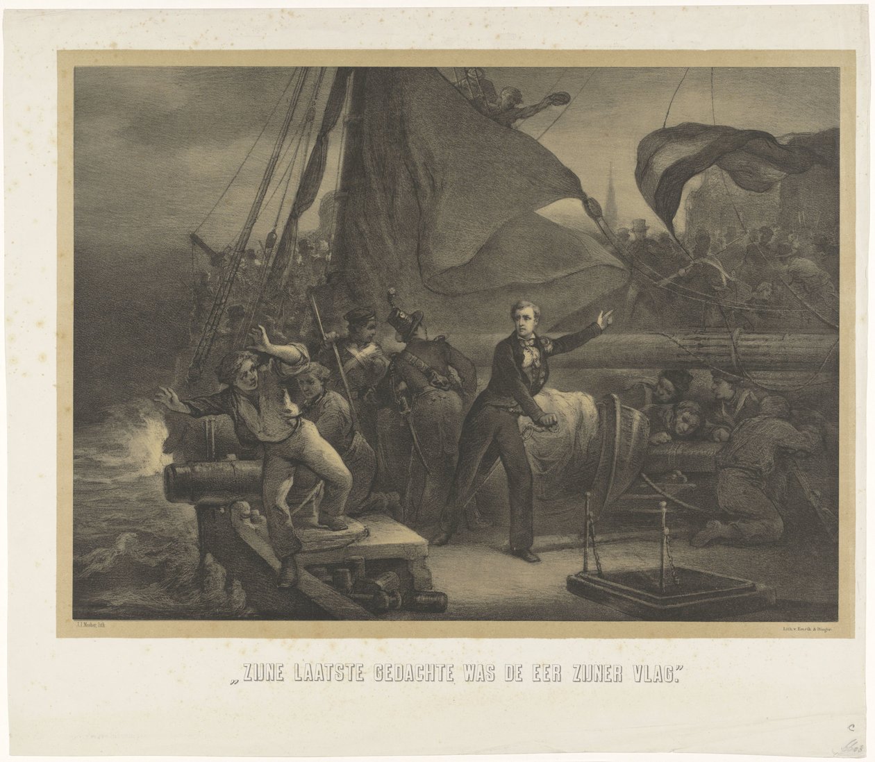 Jan van Speijk op het punt de lont in het ruim te gooien, 1831 door Jan Mesker