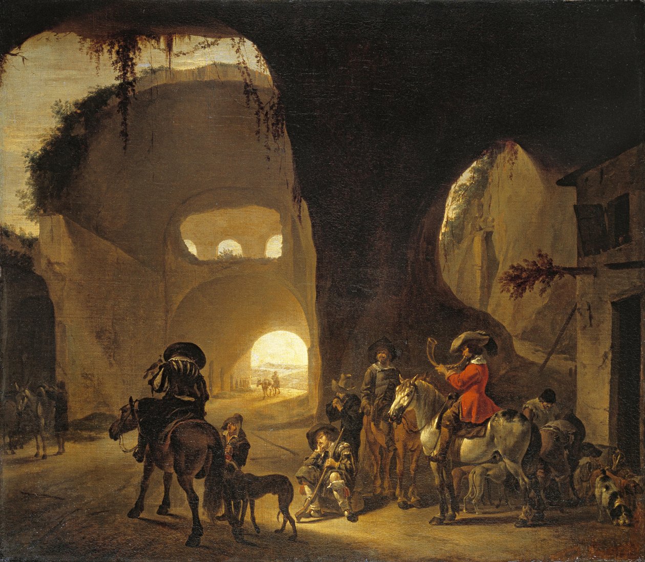 Valkenjagers voor een herberg in een ruïne door Jan Miel