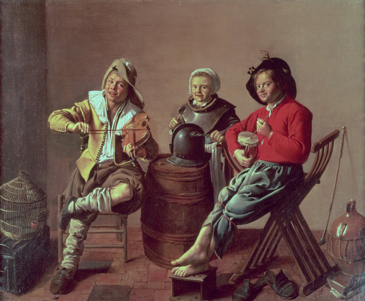 Twee jongens en een meisje maken muziek door Jan Miense (attr. to) Molenaer