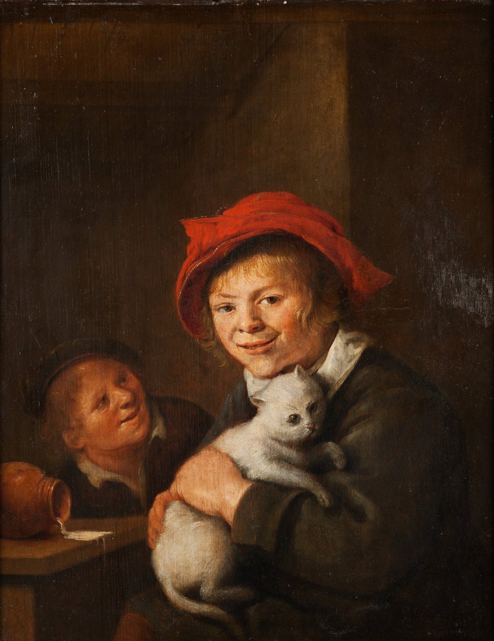 Twee jongens die met een kat spelen door Jan Miense Molenaer