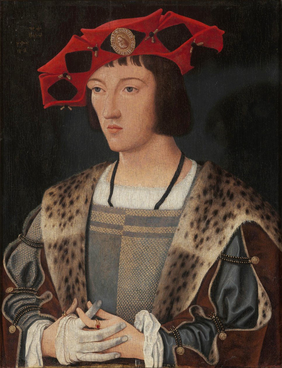 Portret van een man die een handschoen aantrekt door Jan Mostaert