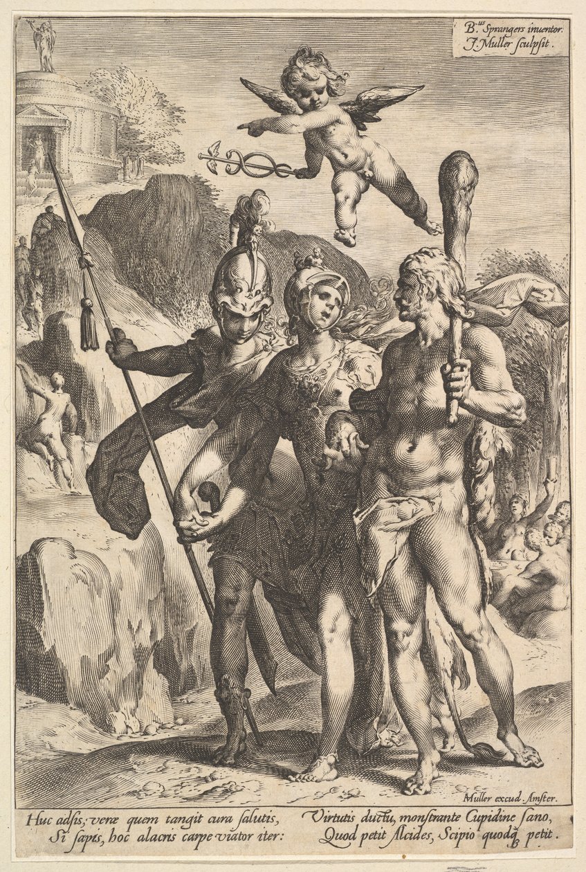Hercules wordt de bergachtige weg naar de Tempel van Onsterfelijke Roem getoond, ca. 1591 door Jan Muller