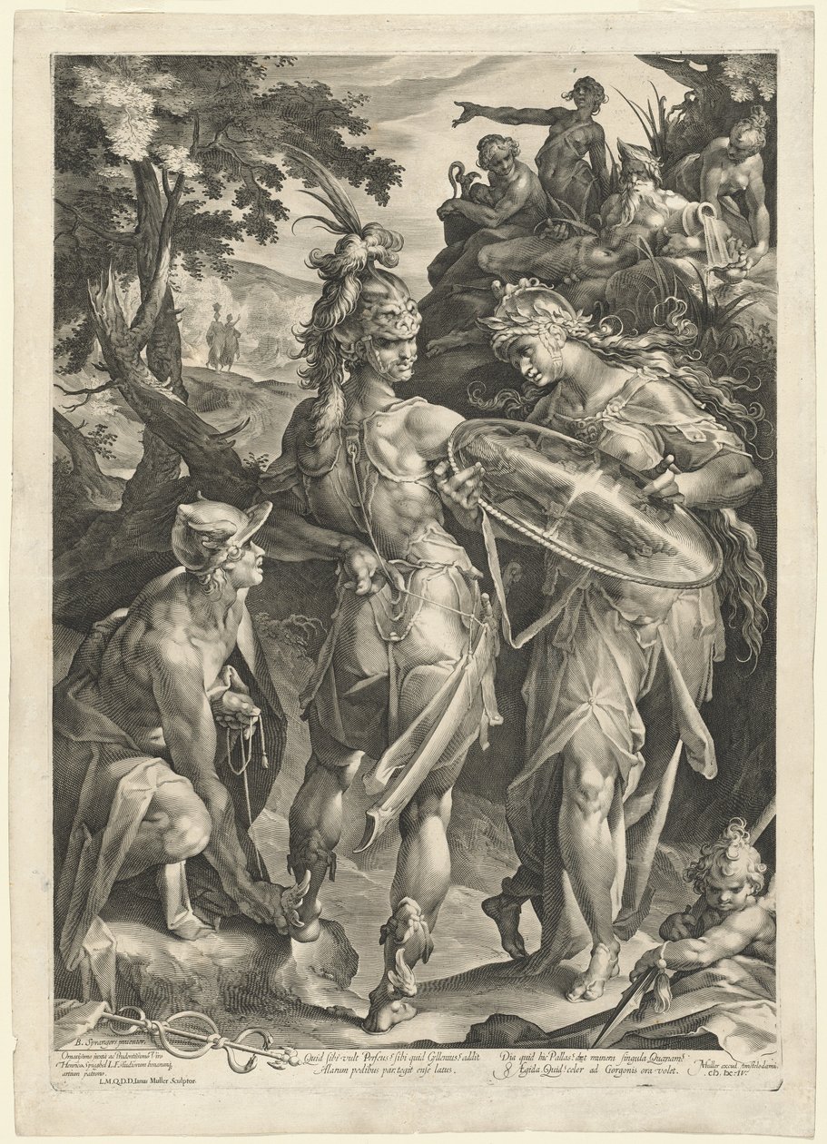Minerva en Mercurius Bewapenen Perseus door Jan Muller, after Bartholomaeus Spranger
