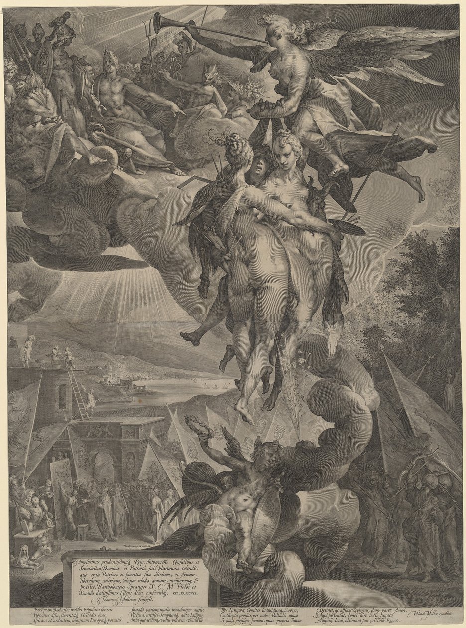 De Apotheose van de Kunsten door Jan Muller, after Bartholomaeus Spranger